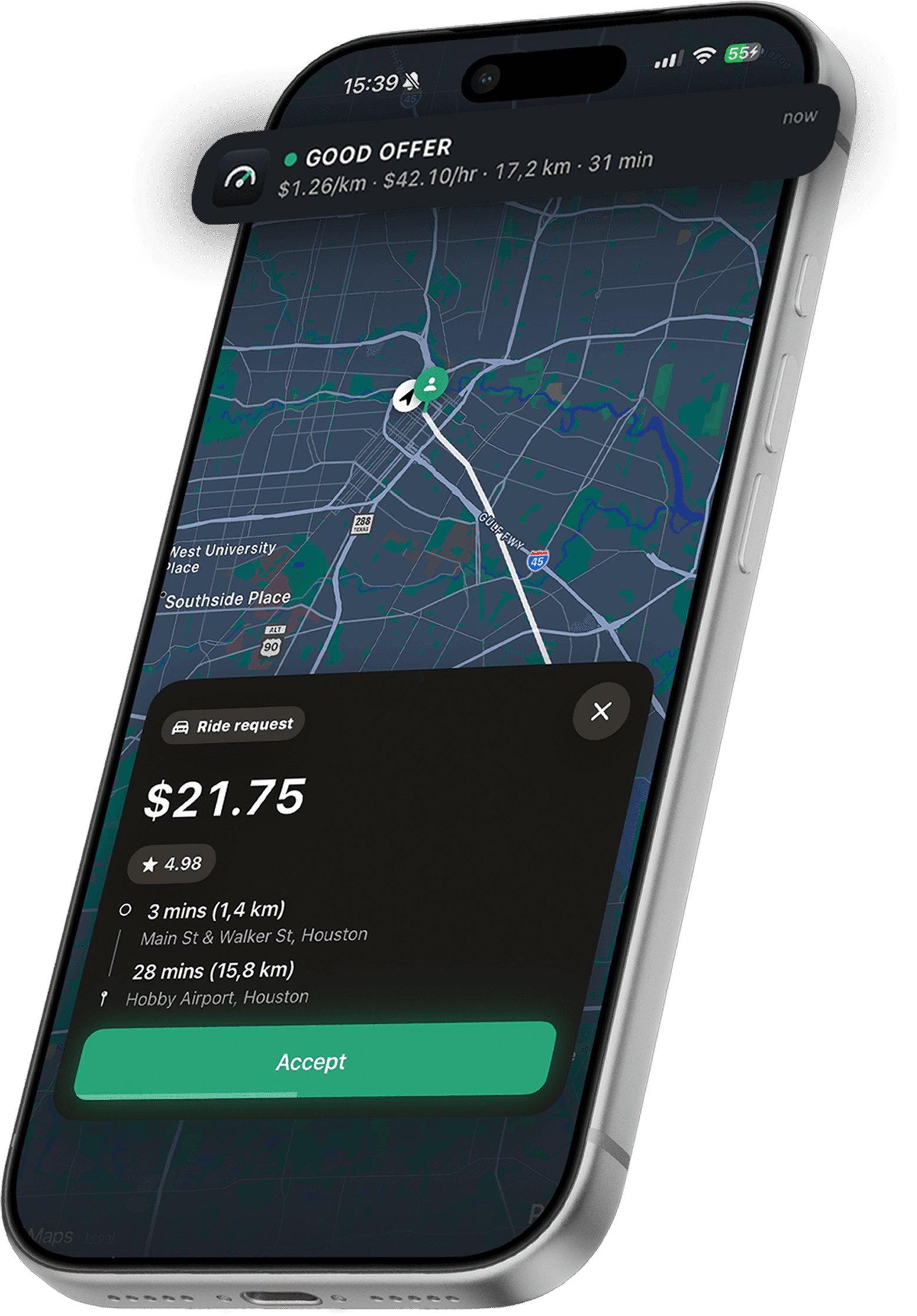 FareWise overlay on a ride request: GOOD OFFER at $1.26/km and $42.10/hr